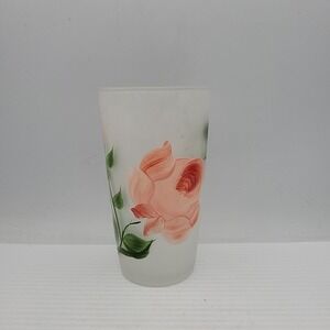 Vtg Frosted Drinking Glass Handpainted Pink‎ Flowers Hazel Atlas